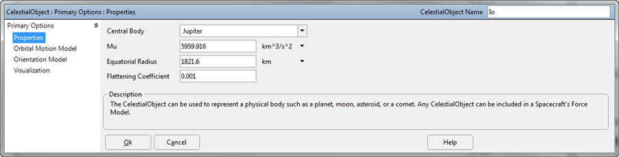 The Properties page of the CelestialObject GUI