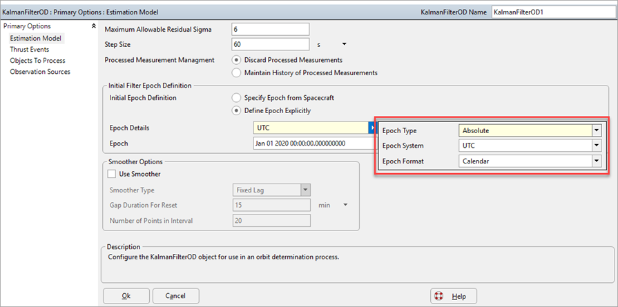 Epoch Details Editor for the Kalman Filter OD Object Editor