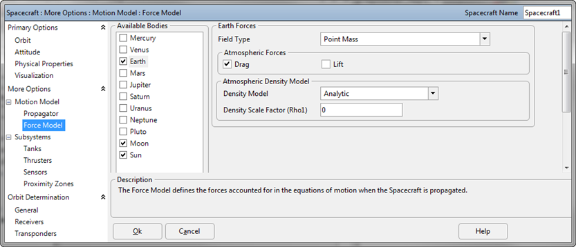 Spacecraft Force Model with Mars selected as a Point Mass