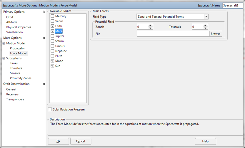 Spacecraft ForceModel with Mars modeled using Zonal and Tesseral Potential Terms