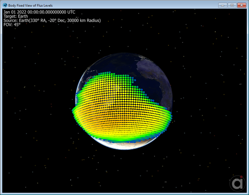 At a default height of 700 km over the Earth's surface, the proton flux values are color coded and the South Atlantic Anomaly can easily be picked out.