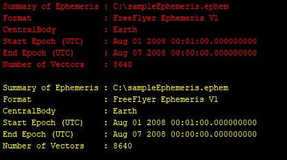 Sample Ephemeris Output Console from the Wizard