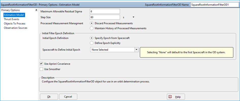 Estimation Model Page of the SquareRootInformationFilterOD Object Editor