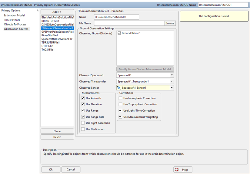 Observation Sources page of the UnscentedKalmanFilterOD Object Editor